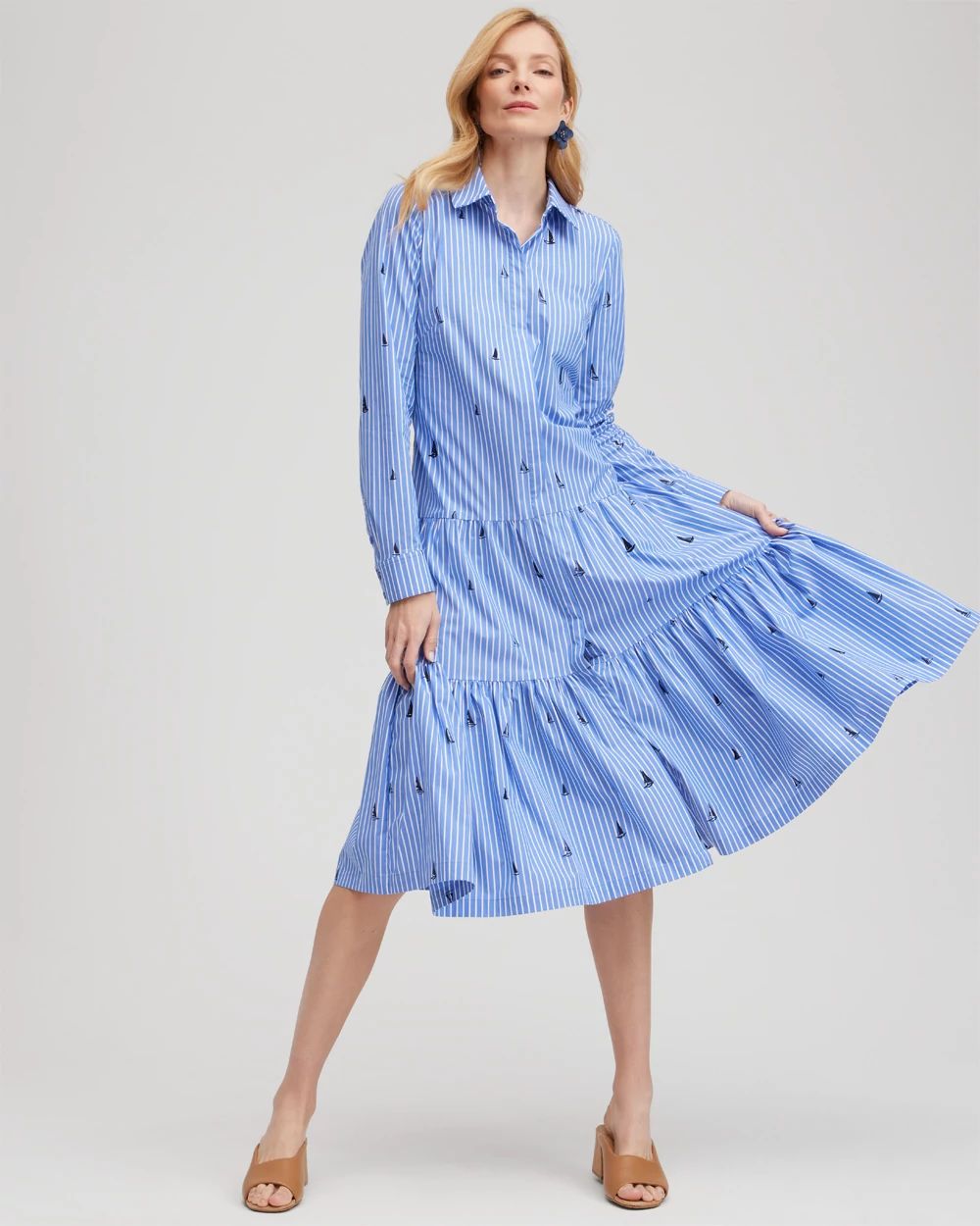 ★ ★ Poplin Tiered Shirt Dress T22F3TDR091WT10 Poplin Tiered Stripe Shirt Dress | Chico's